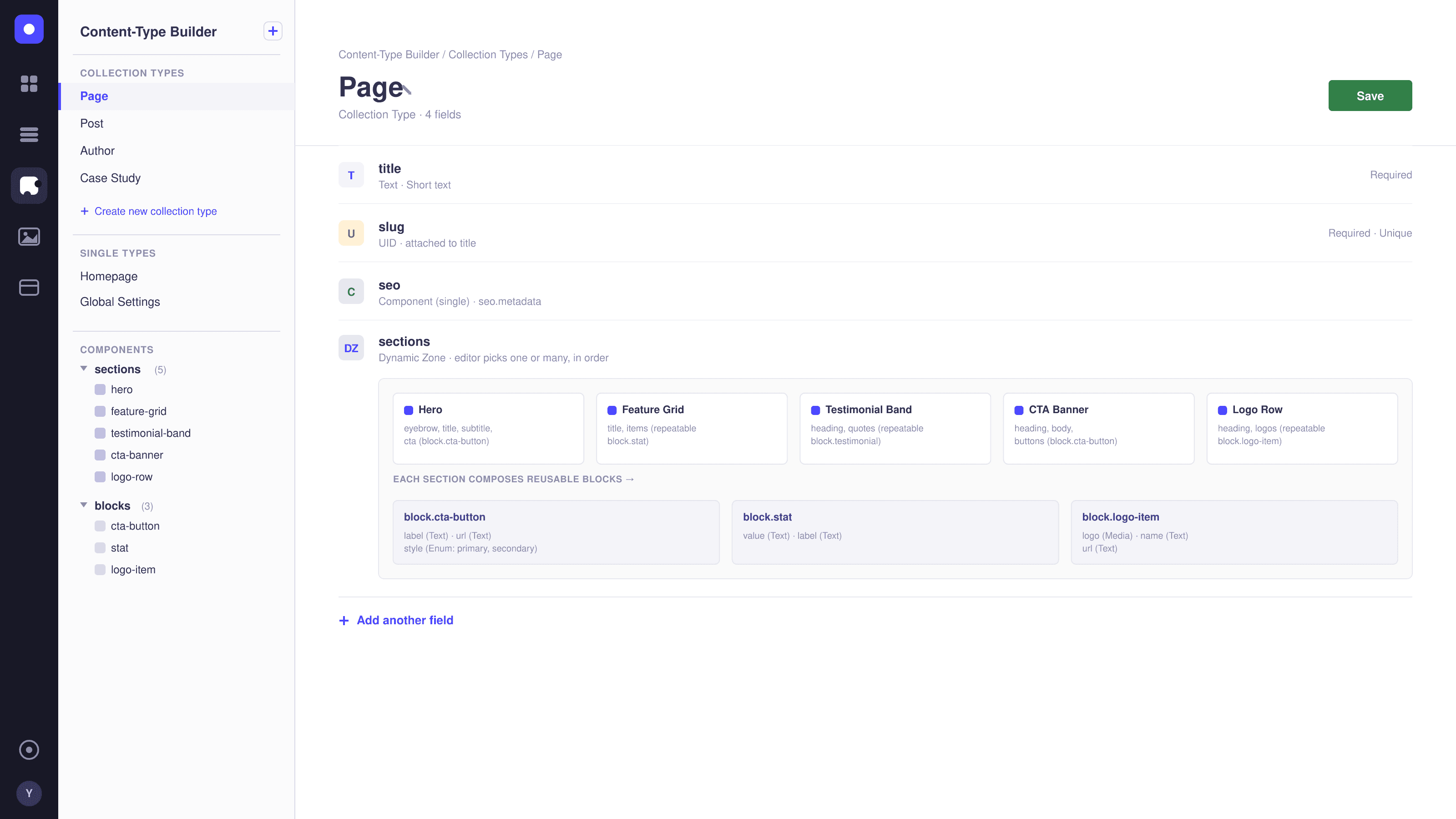 Diagram of a Strapi Page content type with a Sections dynamic zone (Hero, Feature Grid, Testimonial Band, CTA Banner, Logo Row) composed from reusable Block components (cta-button, stat, logo-item)