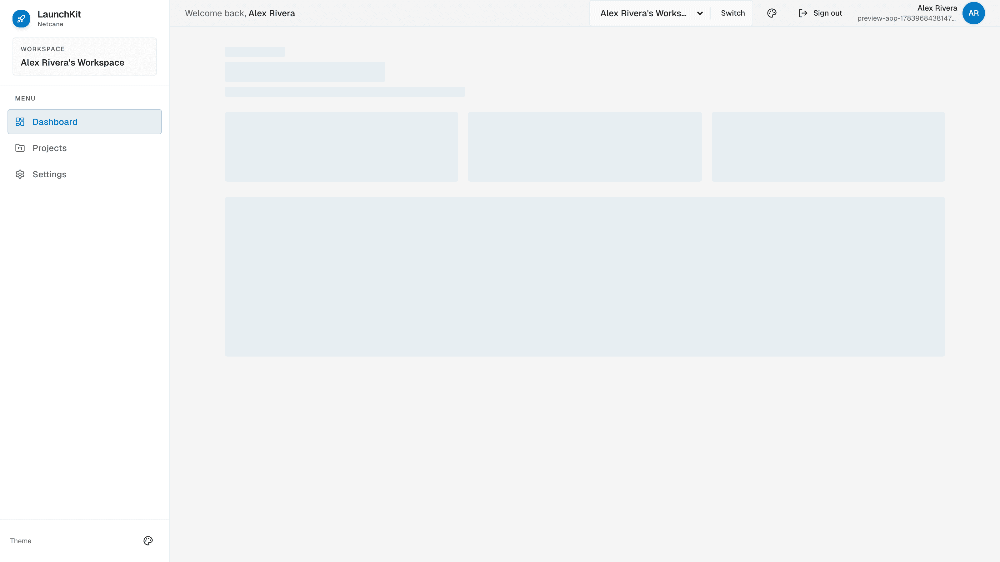 LaunchKit multi-tenant SaaS dashboard — Next.js app shell with workspace switcher and sidebar navigation