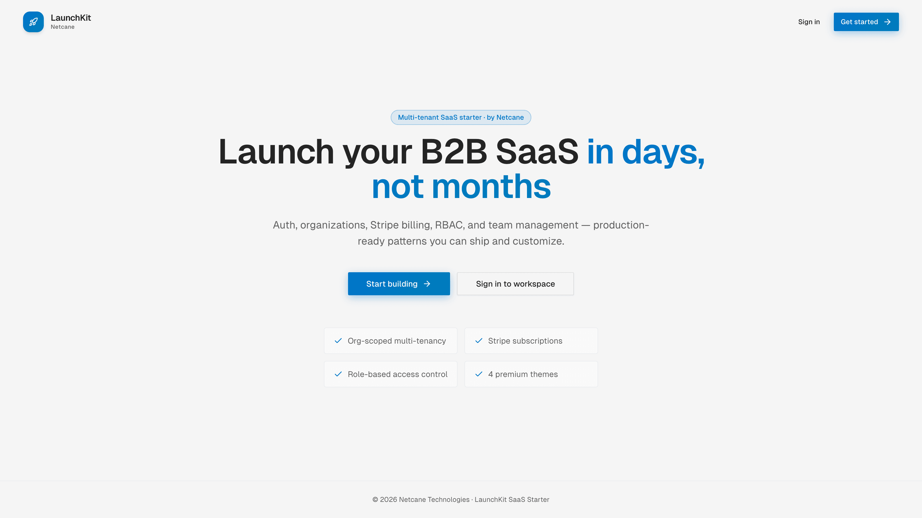 LaunchKit SaaS starter marketing landing page — hero, CTAs, and product feature highlights