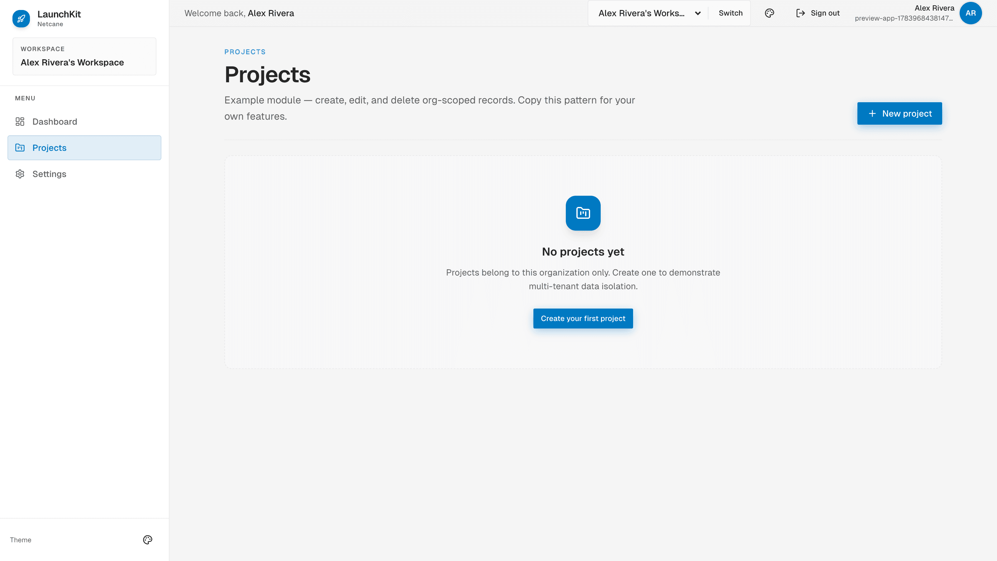 LaunchKit org-scoped projects module — example CRUD feature for multi-tenant SaaS apps