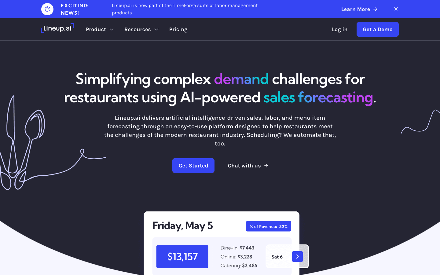 Lineup.ai homepage — AI sales forecasting for restaurants, part of TimeForge